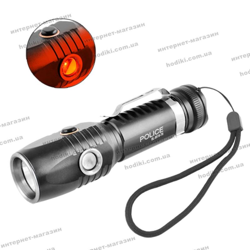 Фонарь Police BL-8519-T6+1red, 1x18650, ЗУ micro USB, зажим, ремешок на руку, комплект (код 12933)